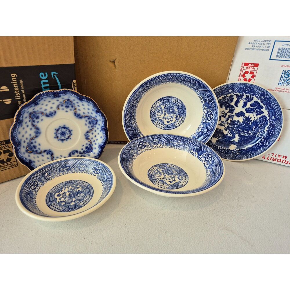 Antique Mixed Flow Blue & Blue Willow China Lot-5 Pieces/ Bowls and Plates